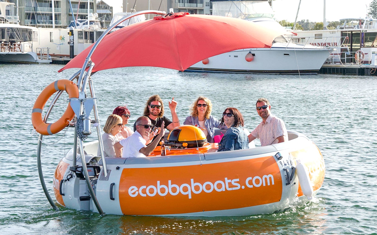 Group enjoying a self-drive BBQ boat on Mandurah waters.