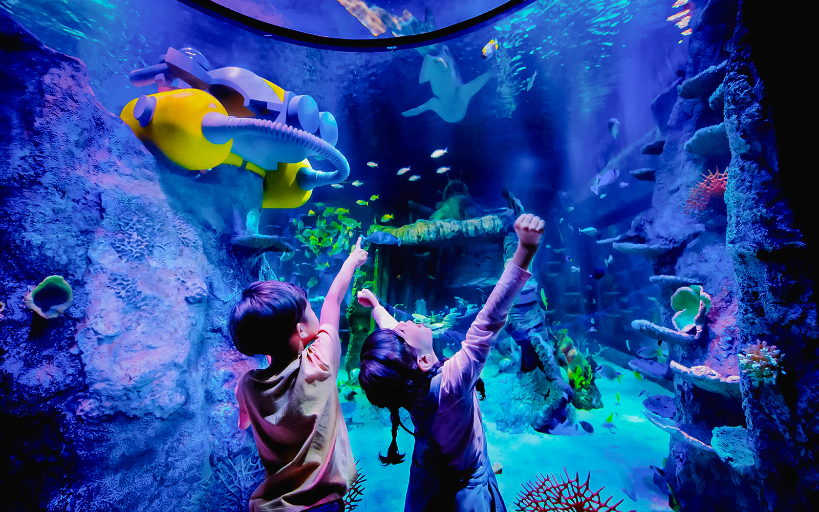 Children exploring underwater scene at Sea Life Aquarium, Legoland Malaysia.