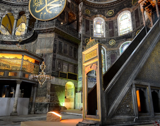 Hagia Sophia Minbar in Istanbul, Turkey, showcasing intricate carvings and historical architecture.