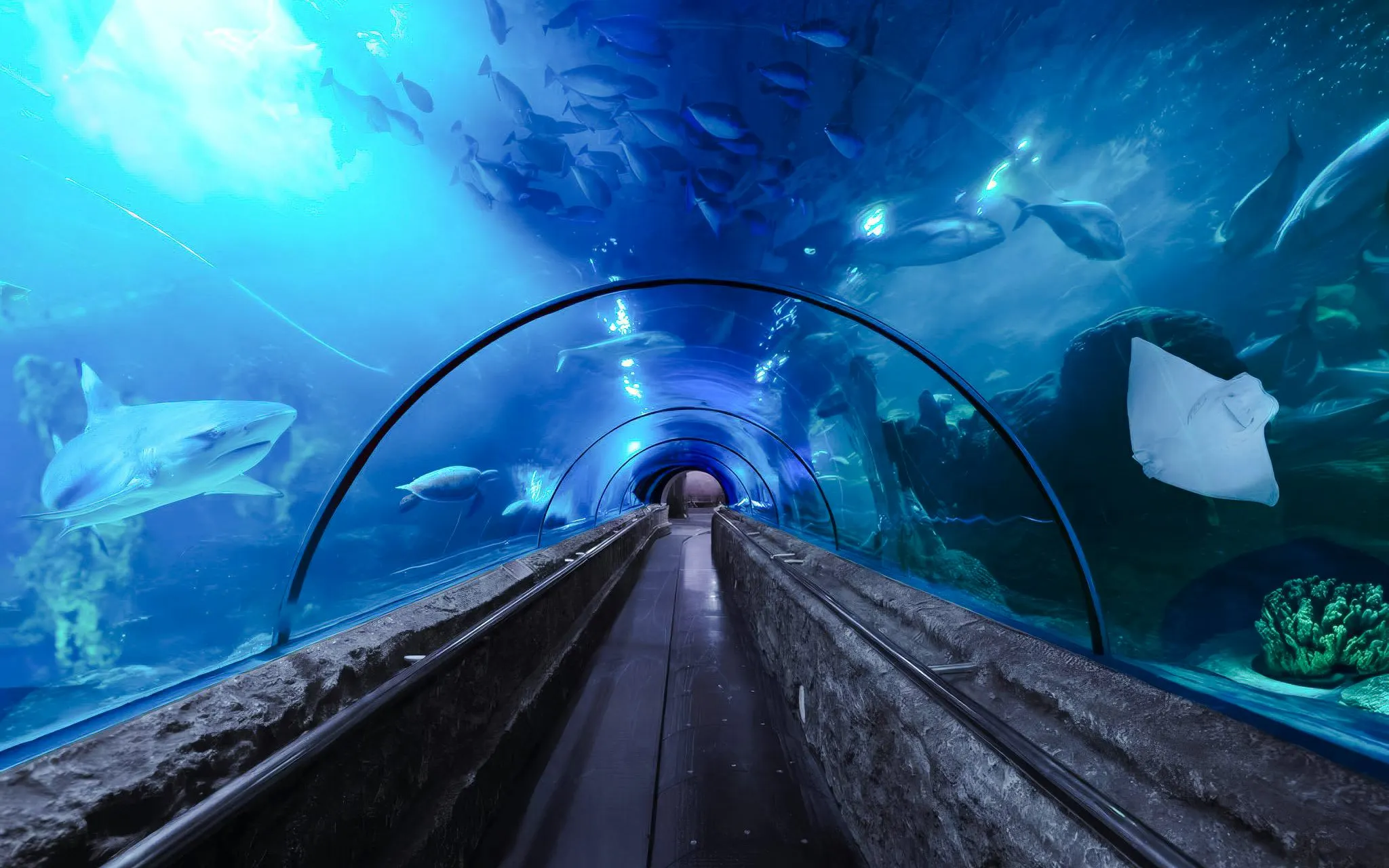 Tunnel with marine life at Sea World Ancol, featuring sharks and rays swimming overhead.