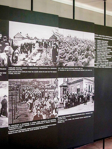 Historical photos displayed at Auschwitz-Birkenau Museum exhibit.