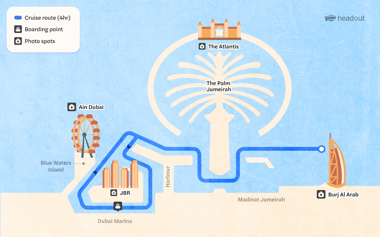 Cruise route map from Dubai Marina to Burj Al Arab via Palm Jumeirah and Ain Dubai.