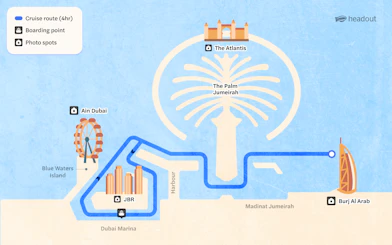 Cruise route map from Dubai Marina to Burj Al Arab via Palm Jumeirah and Ain Dubai.