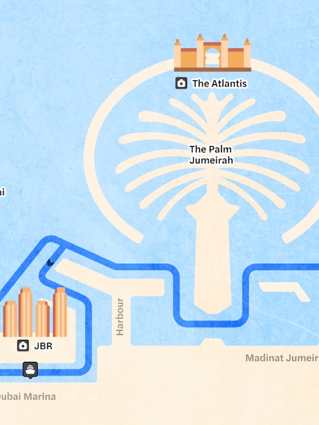 Cruise route map from Dubai Marina to Burj Al Arab via Palm Jumeirah and Ain Dubai.
