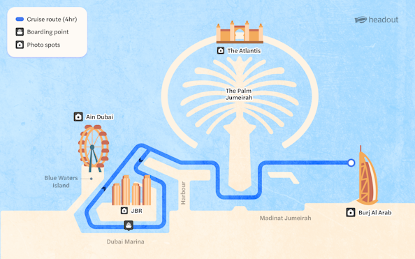 Cruise route map from Dubai Marina to Burj Al Arab via Palm Jumeirah and Ain Dubai.