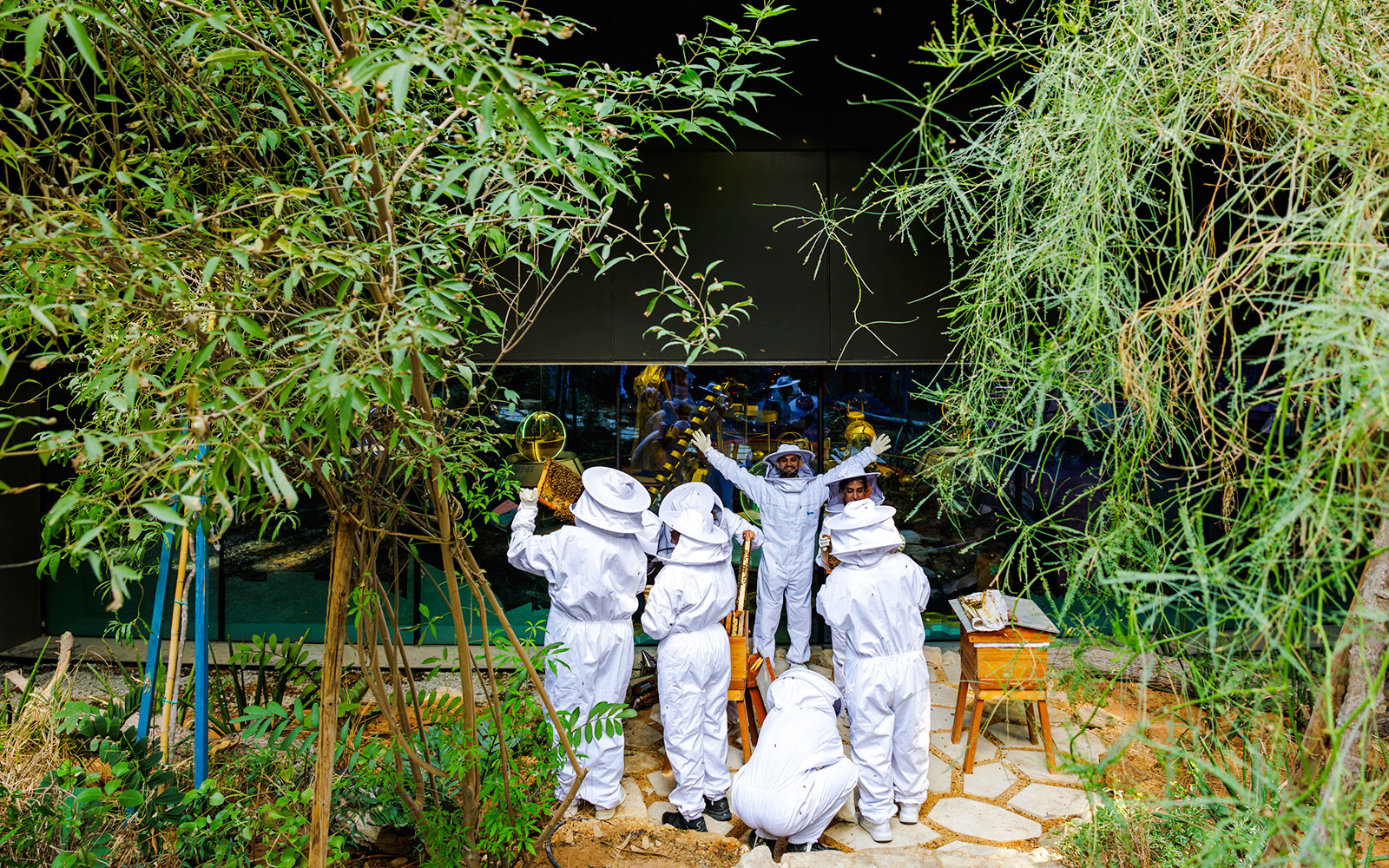 Beekeepers in protective suits tending hives at Terra, Expo City Dubai.