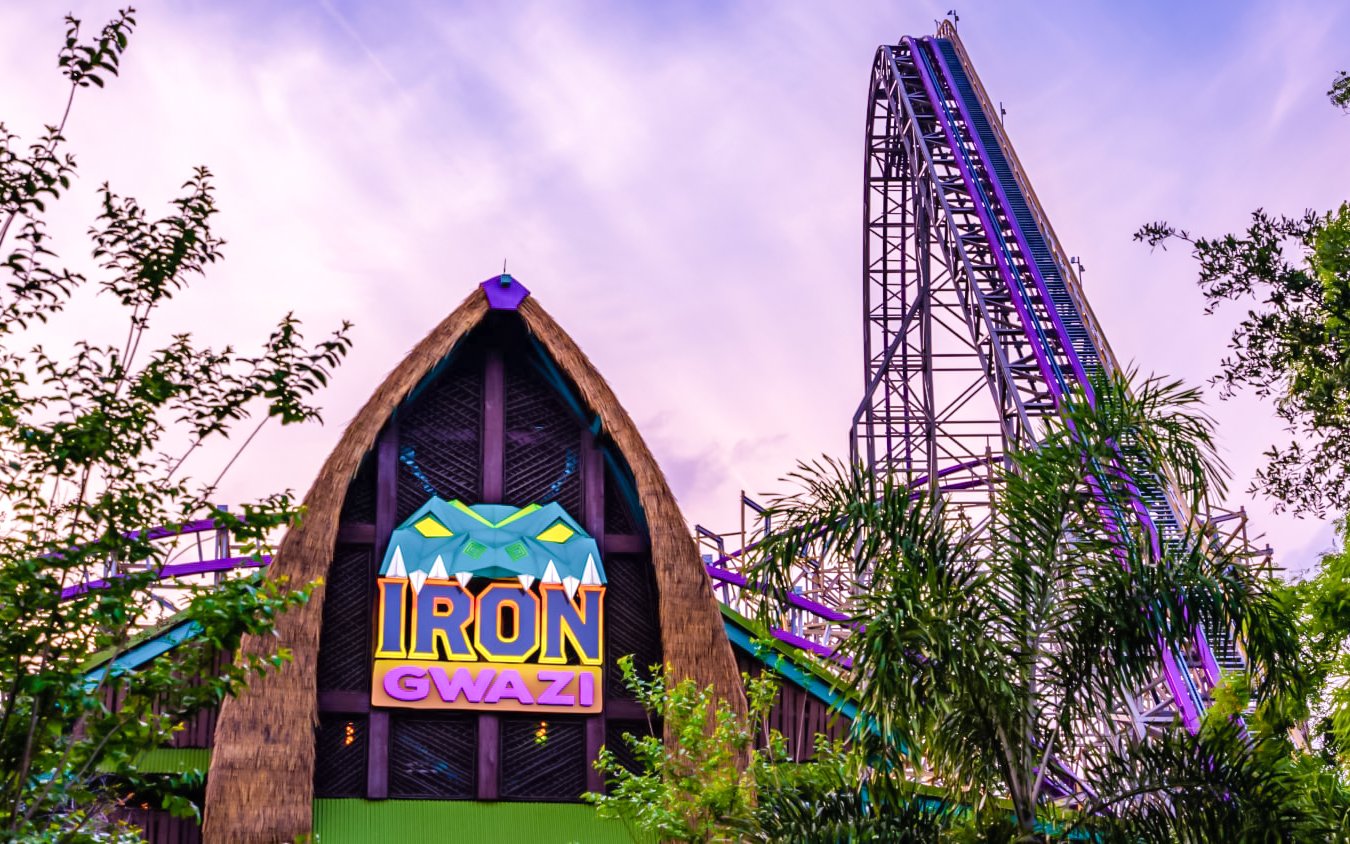 Iron Gwazi roller coaster entrance and track at Busch Gardens Tampa Bay.