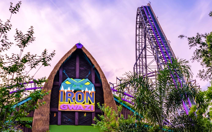 Iron Gwazi roller coaster entrance and track at Busch Gardens Tampa Bay.