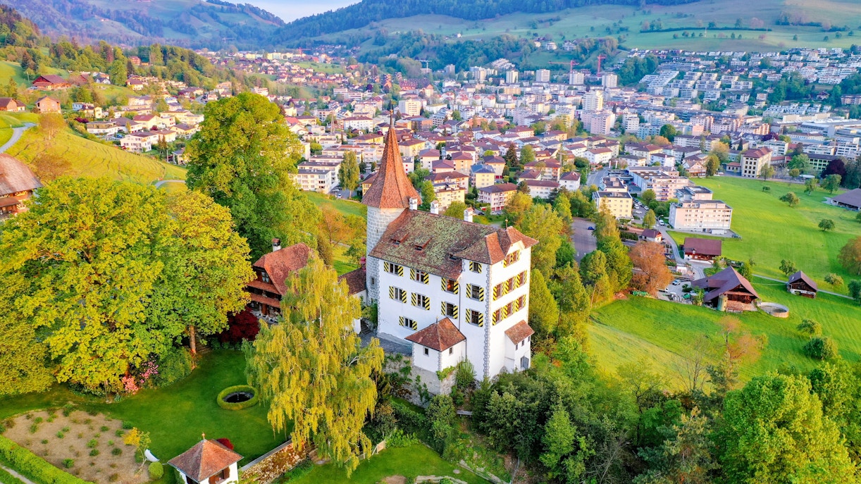 Aerial view of Schloss Schauensee surrounded by greenery in Kriens, Lucerne, Switzerland.