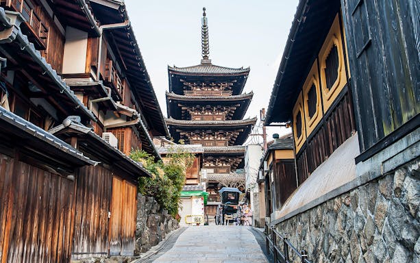 Pagoda in historic Kyoto street during guided day tour of Kyoto and Nara.