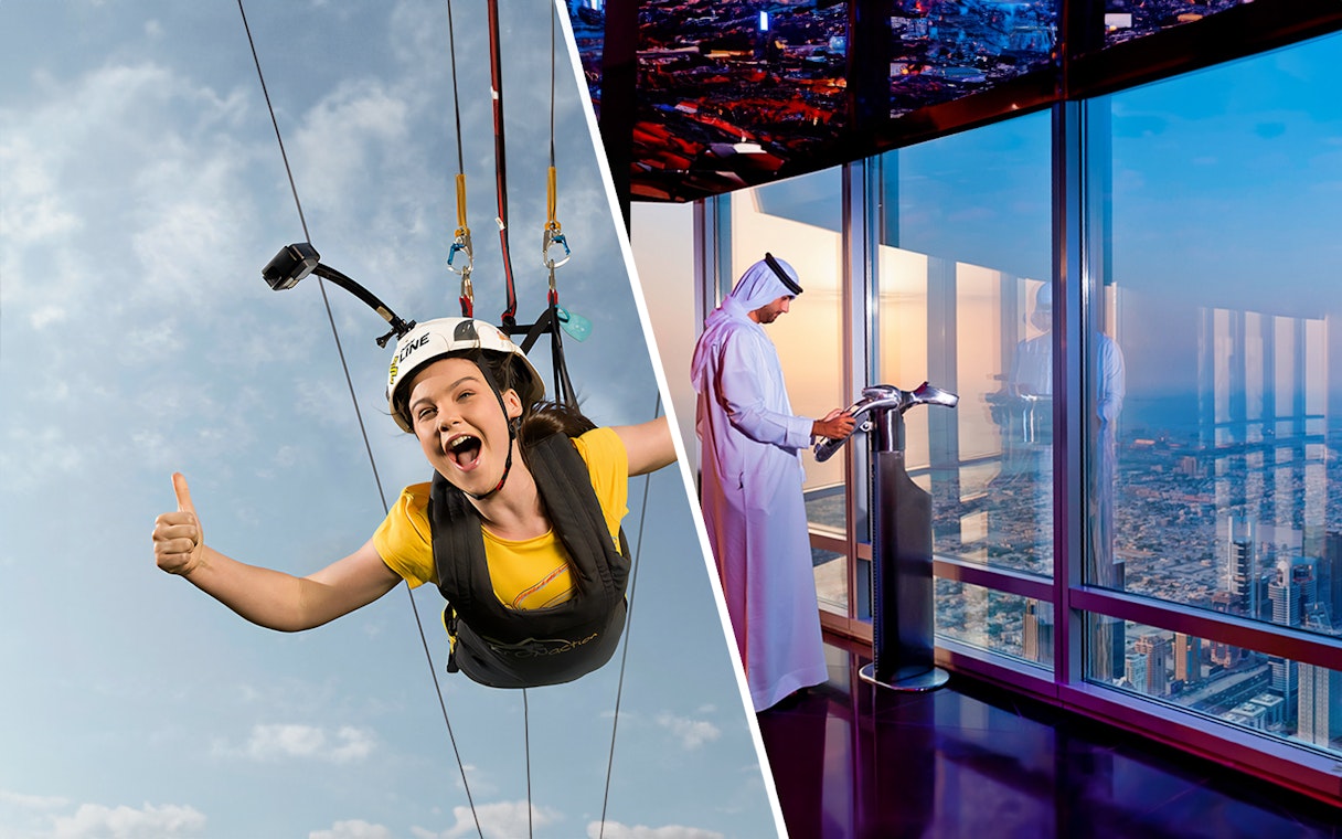 Ziplining at XLine Dubai Marina and viewing from Burj Khalifa Level 124.