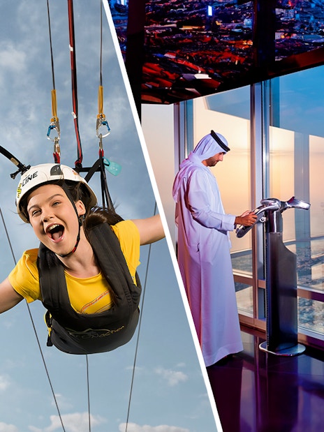 Ziplining at XLine Dubai Marina and viewing from Burj Khalifa Level 124.