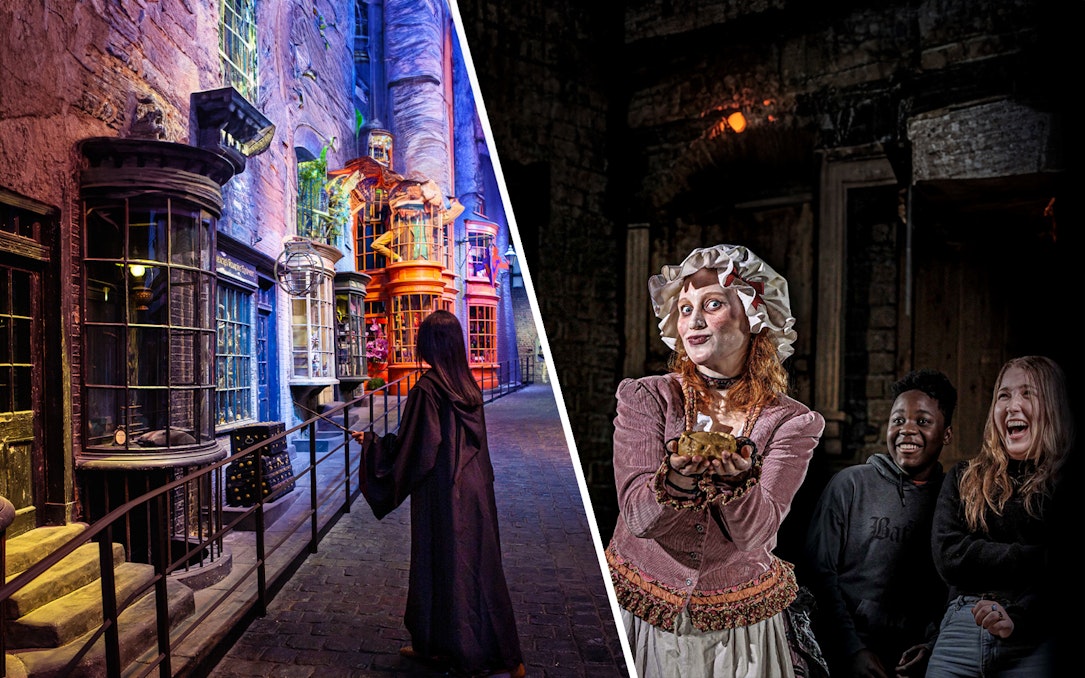 Diagon Alley at Harry Potter Studio Tour and actors at London Dungeon.
