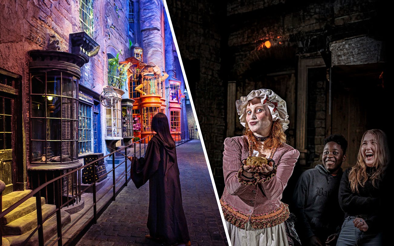 Diagon Alley at Harry Potter Studio Tour and actors at London Dungeon.