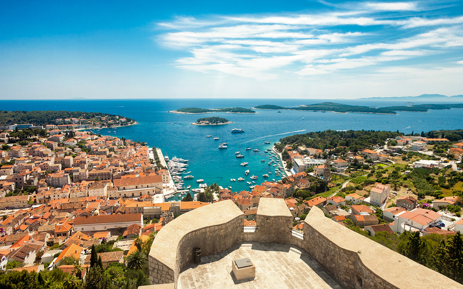 Aerial view of Hvar town and Pakleni Islands during a boat cruise from Trogir.