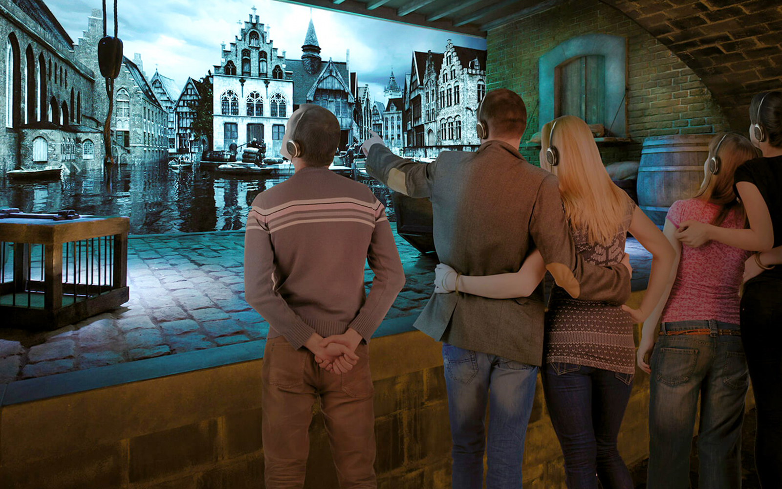 Visitors at the Historium Brugge, having a look at the Quays.