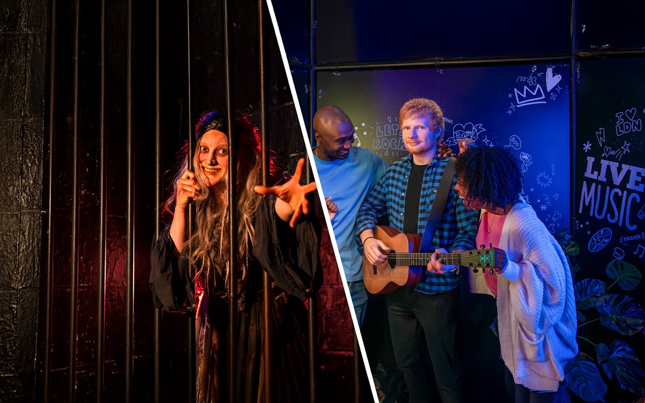 London Dungeon actor behind bars and visitors with wax figure at Madame Tussauds.