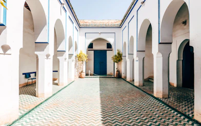 Bahia Palace courtyard with arches and patterned tiles, Marrakech.