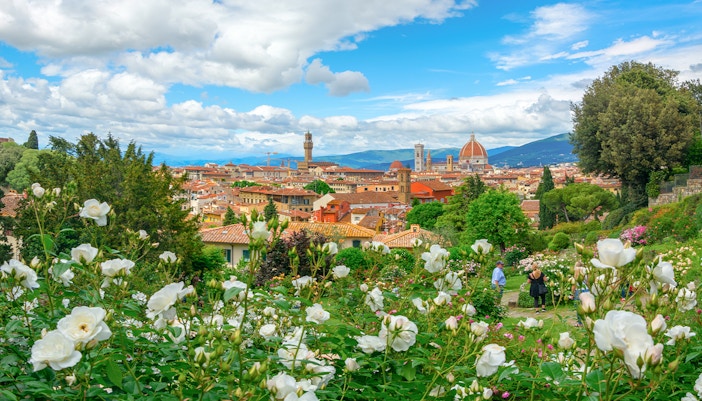 Florence skyline view from Giardino delle Rose with blooming roses in the foreground.