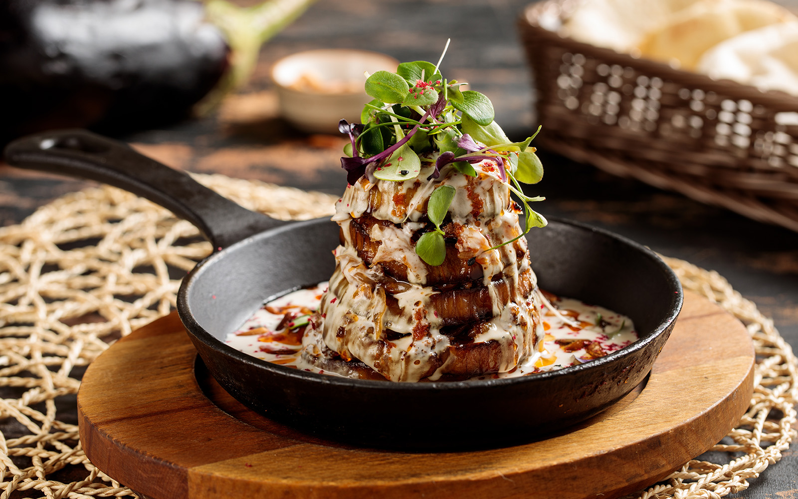 Gourgeous Eggplant tower served in dish isolated on table top view of arabic breakfast