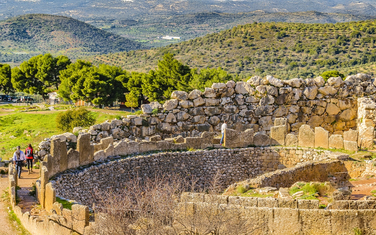 Ancient stone ruins and landscape in Mycenae City, Greece.