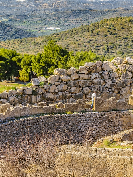 Ancient stone ruins and landscape in Mycenae City, Greece.