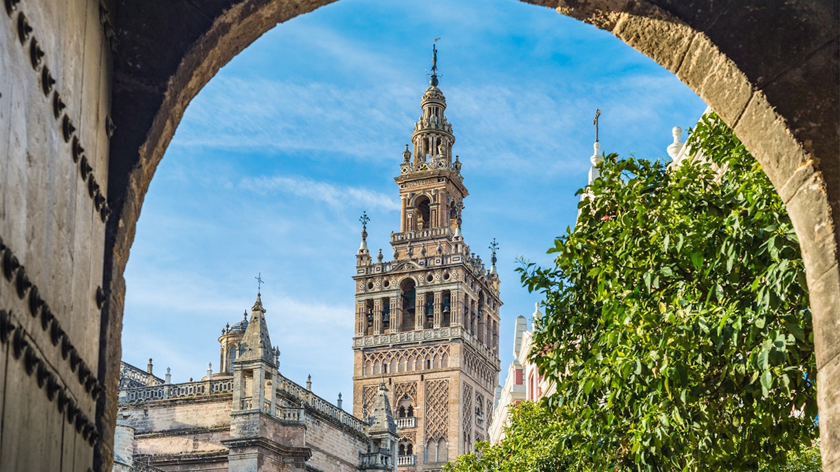 La Giralda viewed from Alcazar Gardens, Seville, Spain.