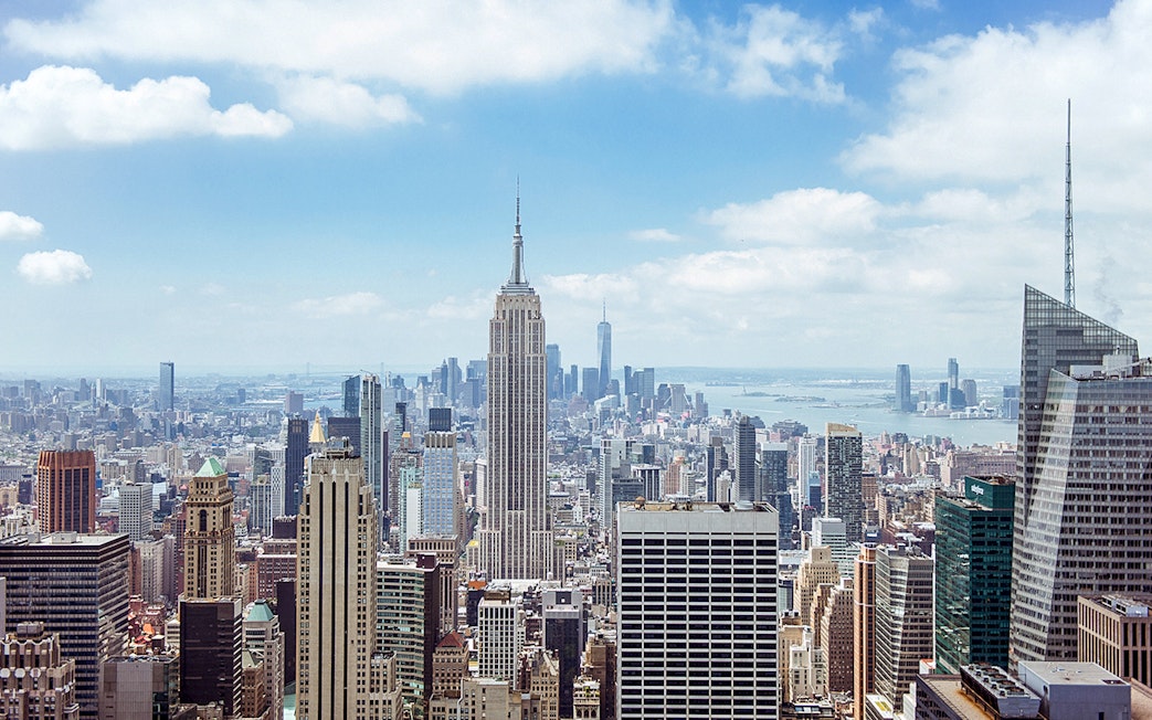 Panoramic view of New York City skyline from Top of the Rock Observation Deck.