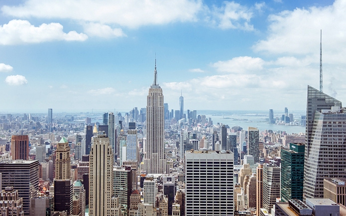 Panoramic view of New York City skyline from Top of the Rock Observation Deck.