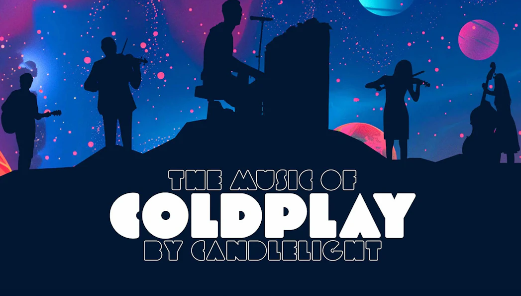 Silhouetted musicians performing Coldplay music by candlelight under a starry sky.