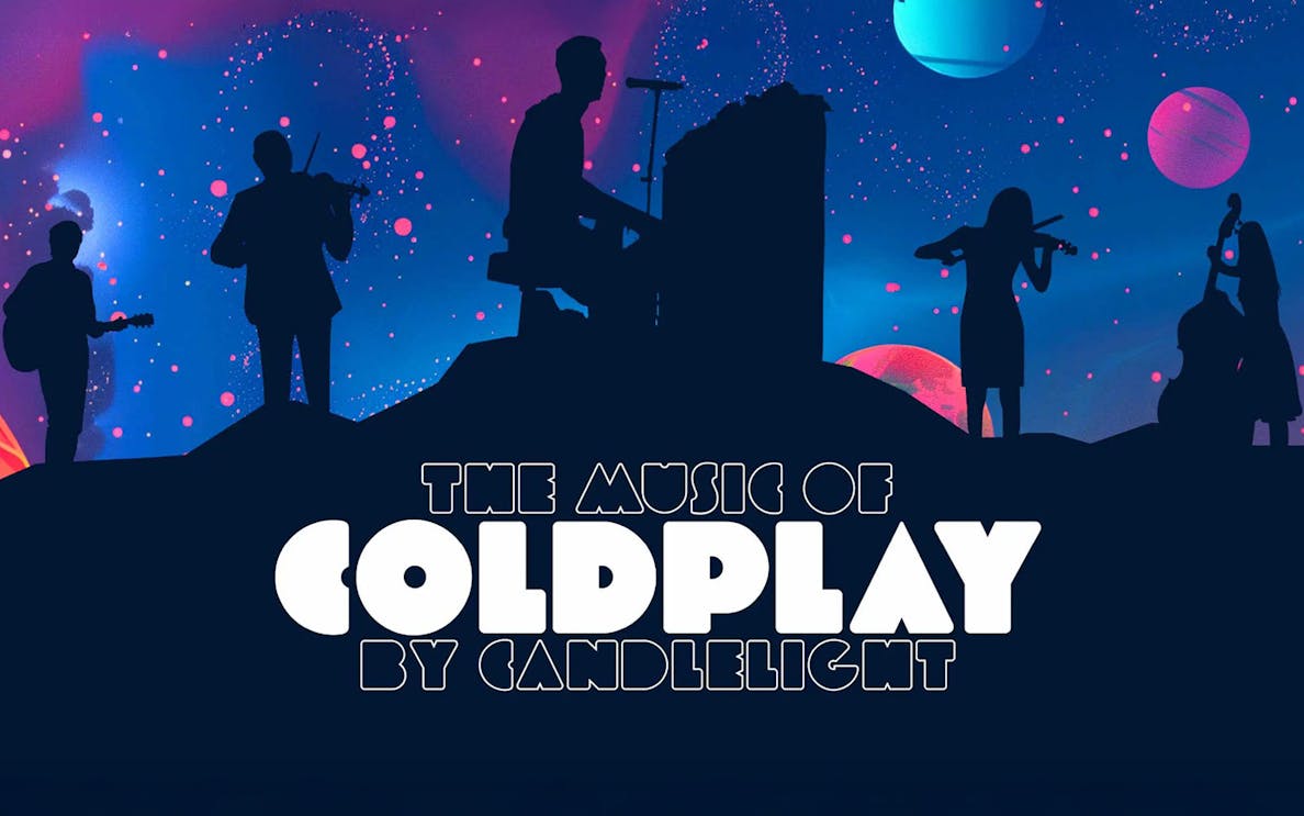 Silhouetted musicians performing Coldplay music by candlelight under a starry sky.