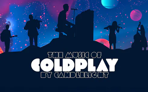 Silhouetted musicians performing Coldplay music by candlelight under a starry sky.
