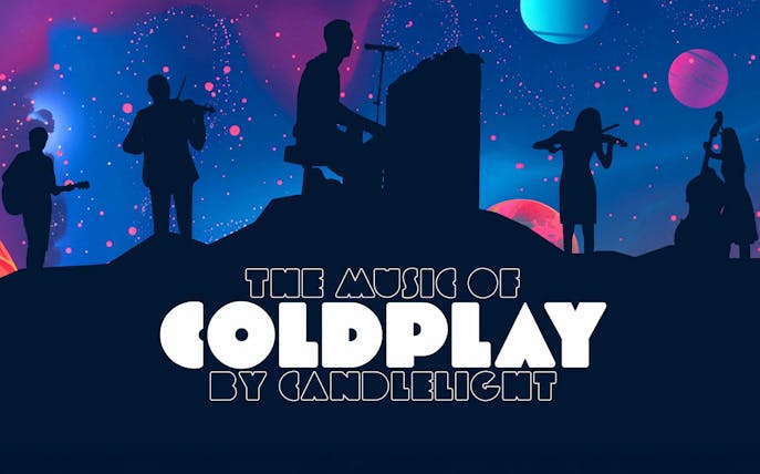 Silhouetted musicians performing Coldplay music by candlelight under a starry sky.