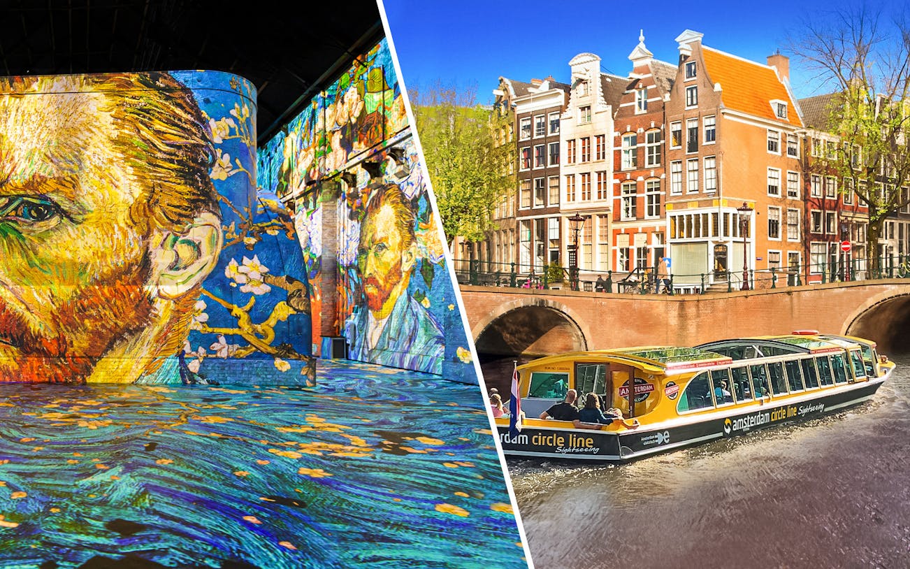 Fabrique des Lumières exhibit with Van Gogh art and Amsterdam canal cruise boat.