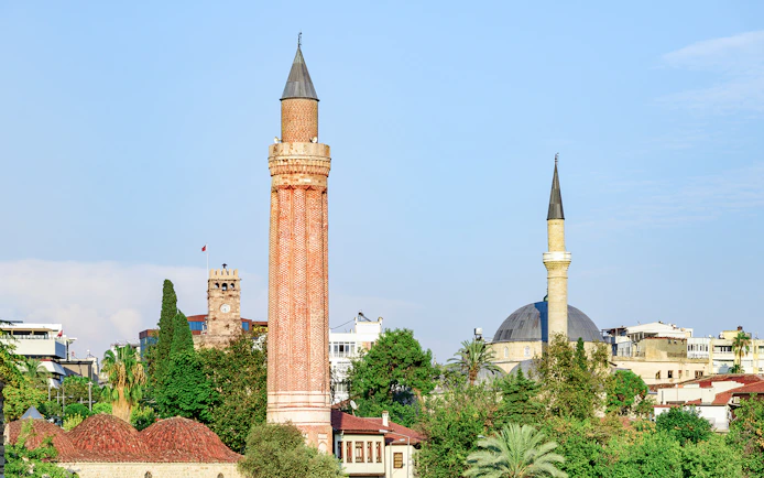 Yivli Minaret and surrounding buildings in Antalya, Turkey.