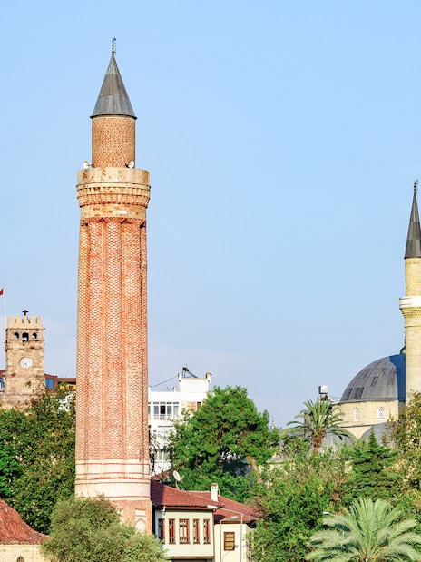 Yivli Minaret and surrounding buildings in Antalya, Turkey.