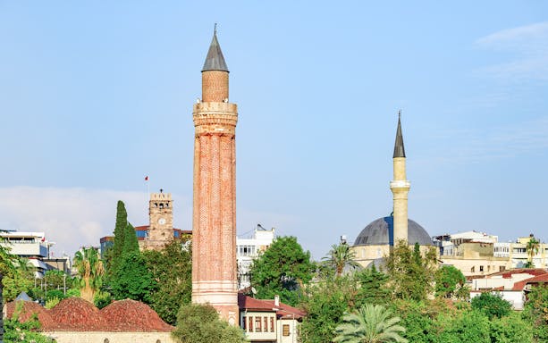Yivli Minaret and surrounding buildings in Antalya, Turkey.