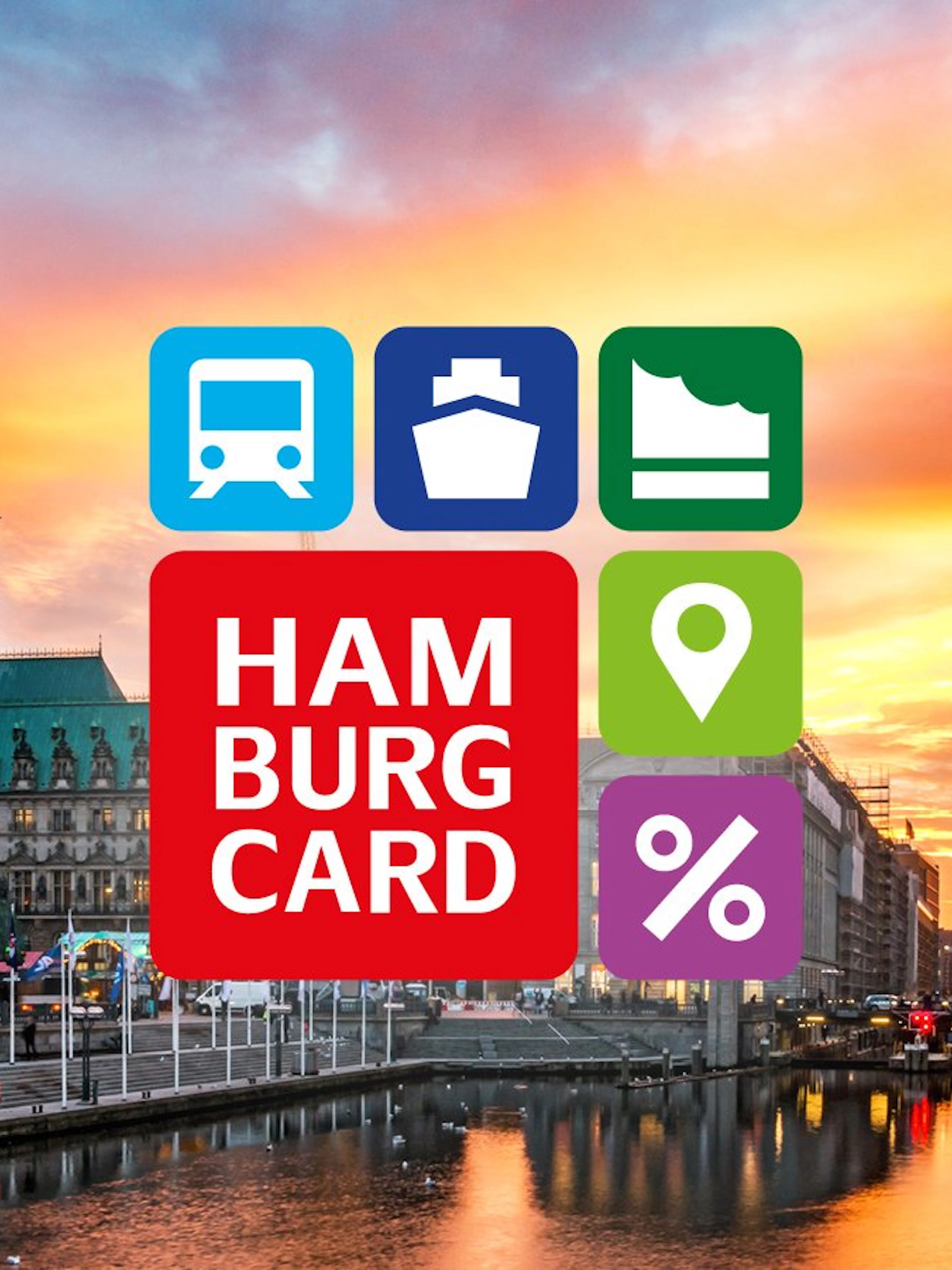 Hamburg City Card logo over cityscape with Rathaus and canal at sunset.