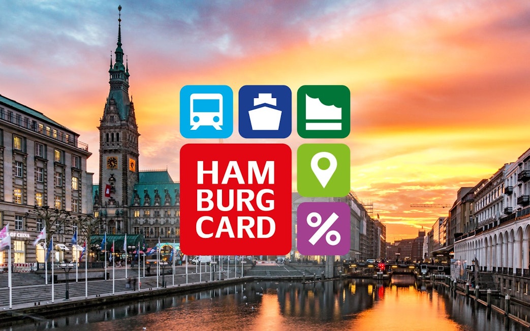 Hamburg City Card logo over cityscape with Rathaus and canal at sunset.