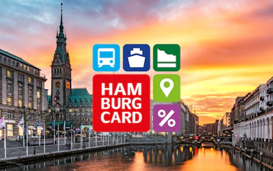 Hamburg City Card logo over cityscape with Rathaus and canal at sunset.