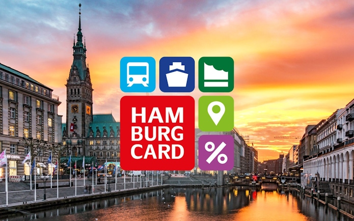 Hamburg City Card logo over cityscape with Rathaus and canal at sunset.