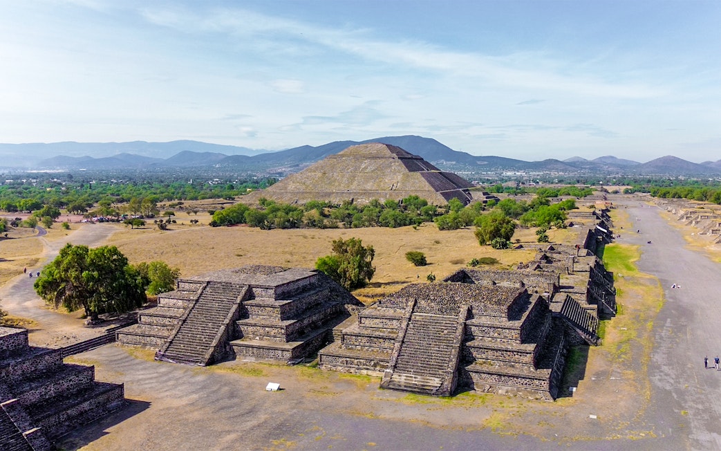 Ruins overlooking Pyramid of the Sun in Teotihuacan, Mexico.