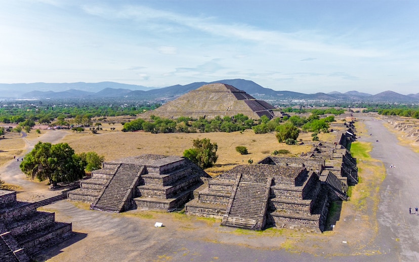 Ruins overlooking Pyramid of the Sun in Teotihuacan, Mexico.