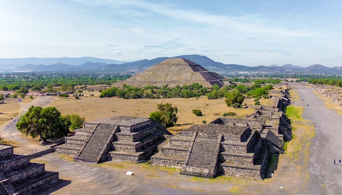 Ruins overlooking Pyramid of the Sun in Teotihuacan, Mexico.