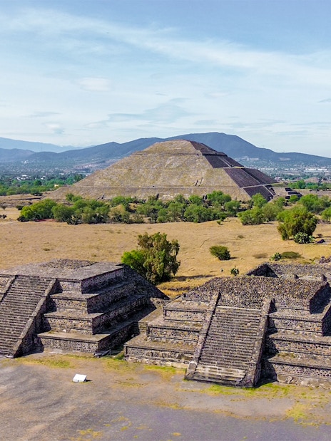 Ruins overlooking Pyramid of the Sun in Teotihuacan, Mexico.