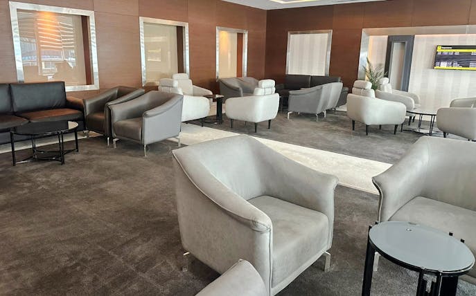 Sofa and chairs in Plaza Premium Lounge, Cairo airport.