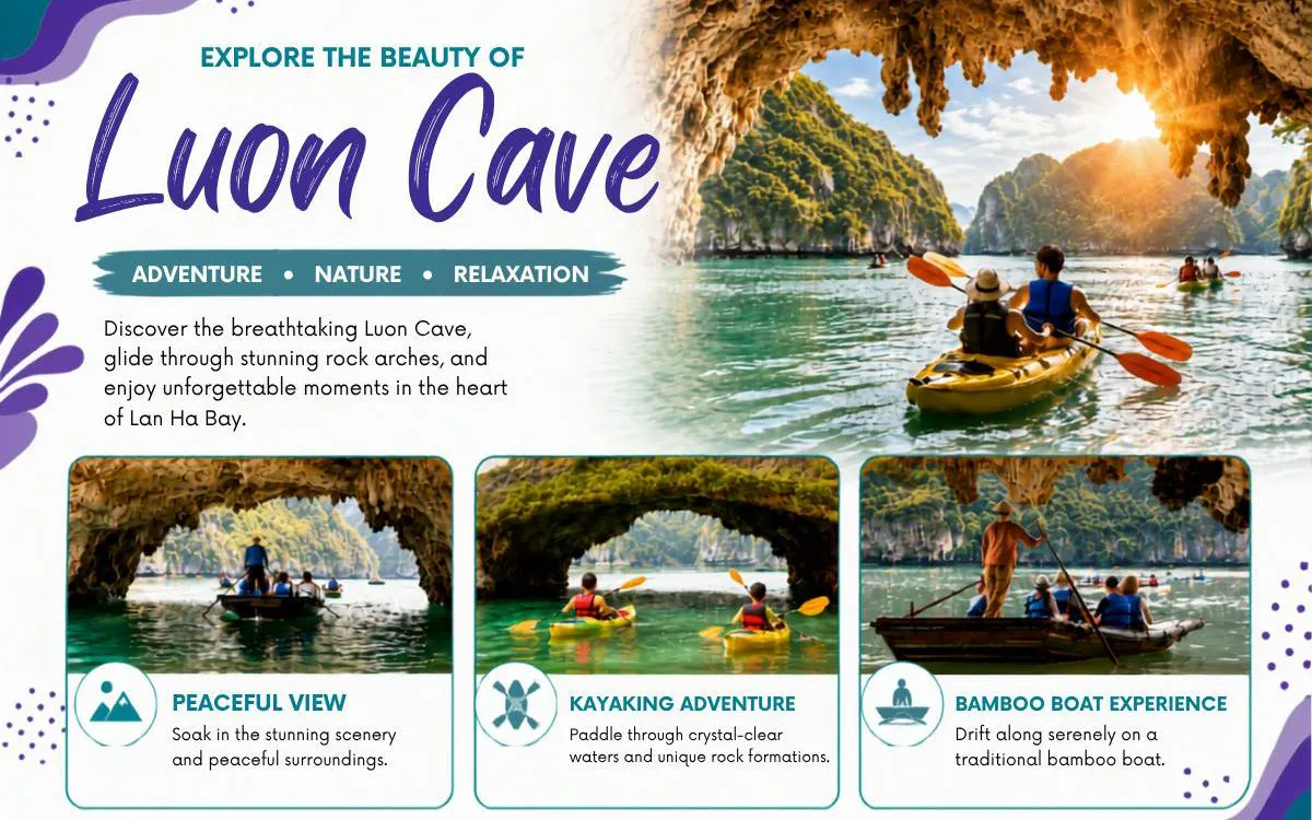 Kayakers exploring Luon Cave's rock arches in Ha Long Bay on a 5-star cruise.