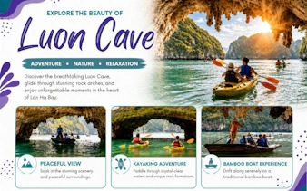 Kayakers exploring Luon Cave's rock arches in Ha Long Bay on a 5-star cruise.