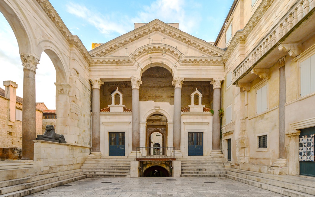 Diocletian's Palace courtyard with ancient columns in Split, Croatia.