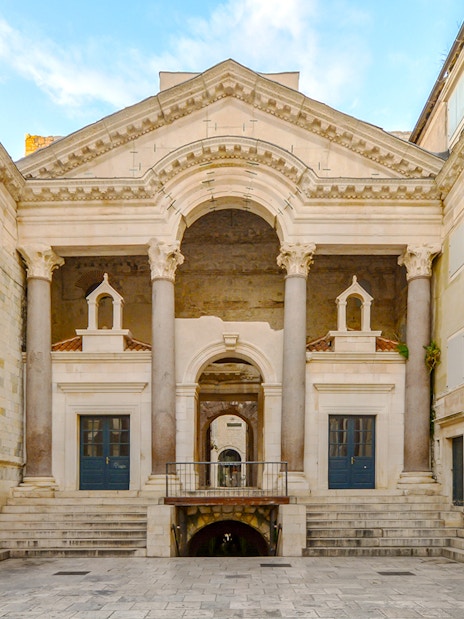 Diocletian's Palace courtyard with ancient columns in Split, Croatia.